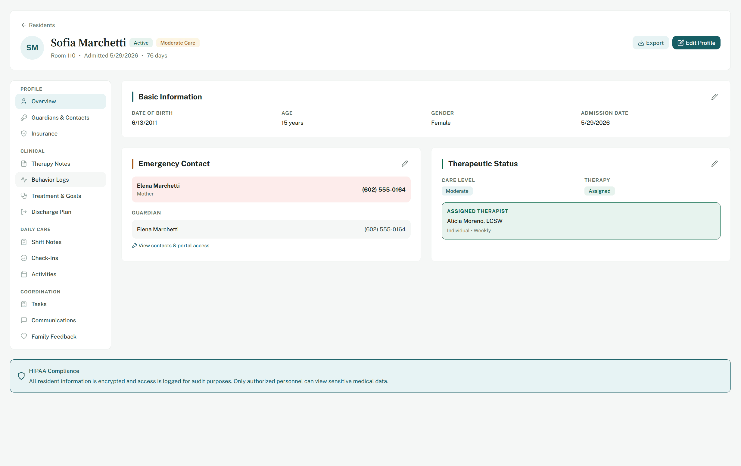 A resident chart with care level, room, admission date and length of stay, alongside tabs for therapy notes, behavior logs, treatment goals, shift notes, and discharge planning.