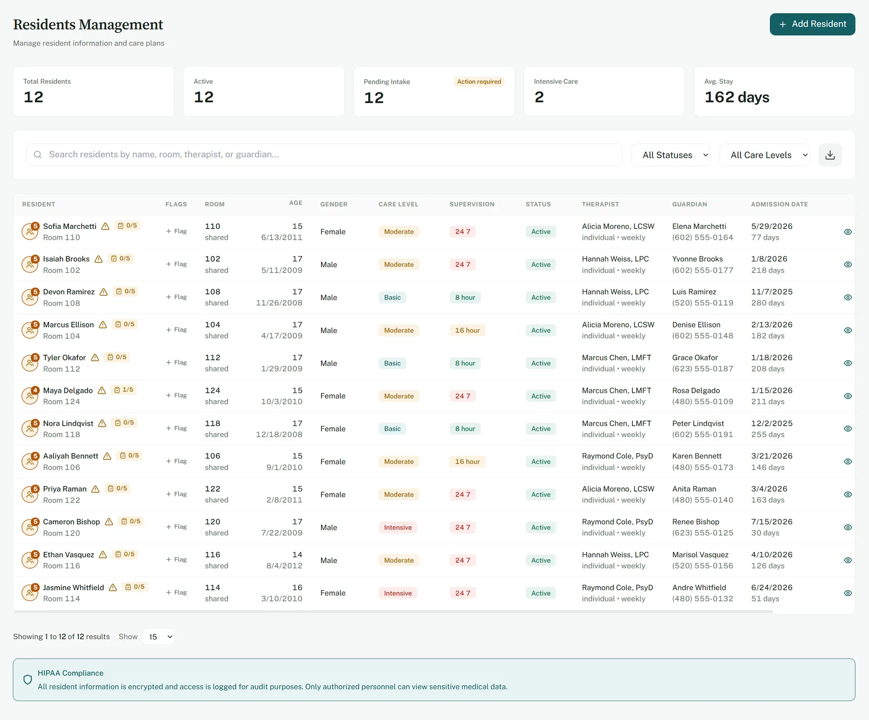 Typing a name into the resident roster search filters the table live, narrowing twelve residents to four as each letter is entered.